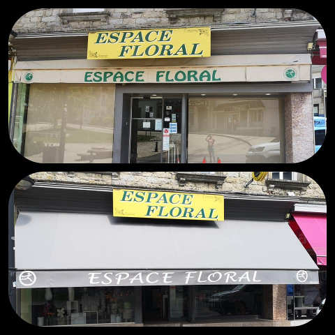 Changement de toile de store du fleuriste de Roche la Molière Espace Floral toile jaune changé en toile grise avec publicité au nom du magasin